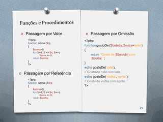 O   Passagem por Valor                 O   Passagem por Omissão
     <?php                             <?php
     function soma ($n)
     {                                 function gostoDe ($bebida, $outra=„leite‟)
          $soma=0;                     {
          for ($i=1; $i <= $n; $i++)
                $soma += $i;                return “Gosto de {$bebida} com
          return $soma;                     {$outra}.”;
     }
     ?>
                                       }
                                       echo gostoDe(„café‟);
O Passagem por Referência              // Gosto de café com leite.
                                       echo gostoDe(„vodka‟, „sprite‟);
     <?php
     function soma (&$n)
                                       // Gosto de vodka com sprite.
     {                                 ?>
          $soma=0;
          for ($i=1; $i <= $n; $i++)
                $soma += $i;
          return $soma;
     }
     ?>
 