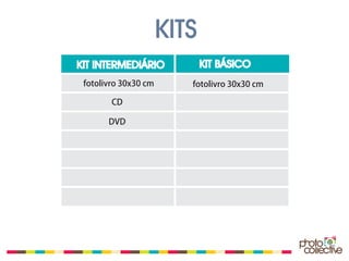 KITS
KIT INTERMEDIÁRIO            KIT BÁSICO
 fotolivro 30x30 cm      fotolivro 30x30 cm

        CD

       DVD
 