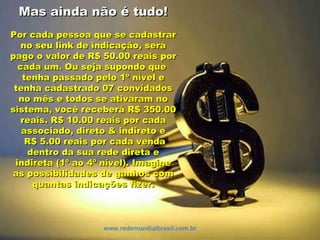 Mas ainda não é tudo!Mas ainda não é tudo!
Por cada pessoa que se cadastrarPor cada pessoa que se cadastrar
no seu link de indicação, seráno seu link de indicação, será
pago o valor de R$ 50.00 reais porpago o valor de R$ 50.00 reais por
cada um. Ou seja supondo quecada um. Ou seja supondo que
tenha passado pelo 1º nível etenha passado pelo 1º nível e
tenha cadastrado 07 convidadostenha cadastrado 07 convidados
no mês e todos se ativaram nono mês e todos se ativaram no
sistema, você receberá R$ 350.00sistema, você receberá R$ 350.00
reais. R$ 10.00 reais por cadareais. R$ 10.00 reais por cada
associado, direto & indireto eassociado, direto & indireto e
R$ 5.00 reais por cada vendaR$ 5.00 reais por cada venda
dentro da sua rede direta edentro da sua rede direta e
indireta (1º ao 4º nível). Imagineindireta (1º ao 4º nível). Imagine
as possibilidades de ganhos comas possibilidades de ganhos com
quantas indicações fizer.quantas indicações fizer.
www.redemundialbrasil.com.br
 