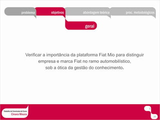 Verificar a importância da plataforma Fiat Mio para distinguir empresa e marca Fiat no ramo automobilístico, sob a ótica da gestão do conhecimento.320