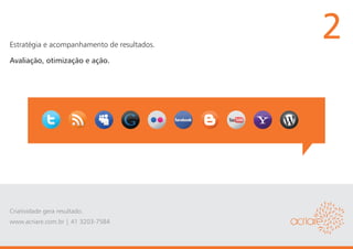 Estratégia e acompanhamento de resultados.
                                             2
Avaliação, otimização e ação.




Criatividade gera resultado.
www.acriare.com.br | 41 3203-7584
 