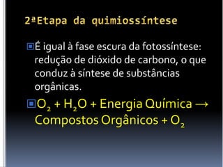 2ªEtapa da quimiossínteseÉigual à fase escura da fotossíntese: redução de dióxido de carbono, o que conduz à síntese de substâncias orgânicas.O2 + H2O + Energia Química -> Compostos Orgânicos + O2 