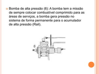 Bomba de alta pressão (6): A bomba tem a missão de sempre colocar combustível comprimido para as áreas de serviços, a bomba gera pressão no sistema de forma permanente para o acumulador de alta pressão (Rail). 
