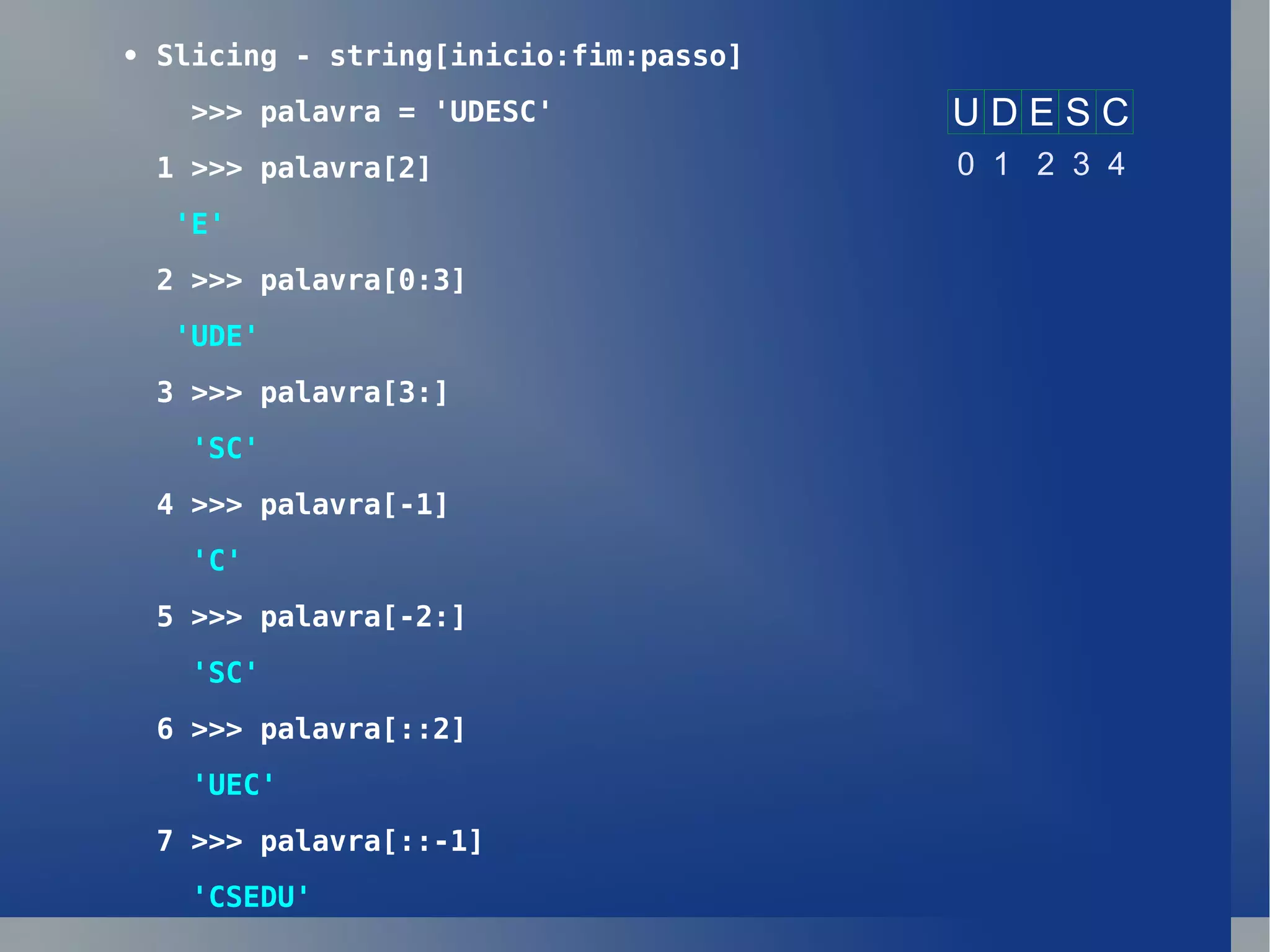 •  Slicing - string[inicio:fim:passo] >>> palavra = 'UDESC' 1 >>> palavra[2] 'E' 2 >>> palavra[0:3] 'UDE' 3 >>> palavra[3:] 'SC' 4 >>> palavra[-1] 'C' 5 >>> palavra[-2:] 'SC' 6 >>> palavra[::2] 'UEC' 7 >>> palavra[::-1] 'CSEDU' U D E S C 0  1  2  3  4 