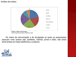 Gráfico 14. Meio de Informação Fonte: Pesquisa de Campo, Acadêmica, 2009 Os meios de comunicação e de divulgação os quais os pesquisados possuem mais acesso são: panfletos, internet, jornal e rádio, não tendo tanta ênfase em listas telefônicas e outdoors. Análise dos dados 