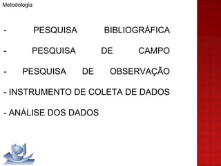 Metodologia - PESQUISA BIBLIOGRÁFICA - PESQUISA DE CAMPO - PESQUISA DE OBSERVAÇÃO - INSTRUMENTO DE COLETA DE DADOS - ANÁLISE DOS DADOS 