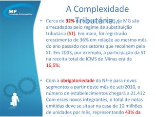 Cerca de  32%  da receita de ICMS de MG são arrecadados pelo regime de substituição tributária  (ST).  Em maio, foi registrado crescimento de 36% em relação ao mesmo mês do ano passado nos setores que recolhem pela ST. Em 2003, por exemplo, a participação da ST na receita total de ICMS de Minas era de  16,5% ; Com a  obrigatoriedade  da NF-e para novos segmentos a partir deste mês de set/2010, o número de estabelecimentos chegará a 21.412 Com esses novos integrantes, o total de notas emitidas deve se situar na casa de 10 milhões de unidades por mês, representando  43% da arrecadação do Estado. A Complexidade Tributária... 