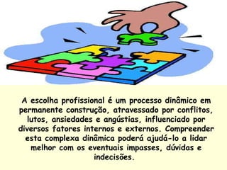 A escolha profissional é um processo dinâmico em permanente construção, atravessado por conflitos, lutos, ansiedades e angústias, influenciado por diversos fatores internos e externos. Compreender esta complexa dinâmica poderá ajudá-lo a lidar melhor com os eventuais impasses, dúvidas e indecisões.  
