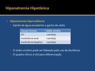 Hiponatremia HipotônicaHiponatremia IsovolêmicaGanho de pequeno volume de água livre m mas não o sufiente para ser clinicamente detectadoConsiderar liberação inapropriada de ADH e intoxicação pela águaLiberação inapropriada de ADH é caracterizada por uma urina inapropriadamente concentrada ante um plasma hipotônico