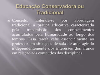 EducaçãoConservadoraouTradicionalConceito: Entende-se porabordagemtradicional a práticaeducativacaracterizadapelatransmissão dos conhecimentosacumuladospelahumanidadeaolongo dos tempos. Essatarefacabeessencialmenteao professor emsituaçoes de sala de aula agindoindependentemente dos interesses dos alunosemrelaçãoaosconteúdos das disciplinas. 