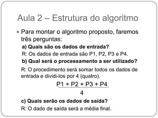Aula 2 – Estrutura do algoritmoExemplo de AlgoritmoImagine o seguinte problema: Calcular a média final dos alunos da 3ª Série. Os alunos realizarão quatro provas: P1, P2, P3 e P4.	Onde:  Média Final = P1 + P2 + P3 + P4                                                      4