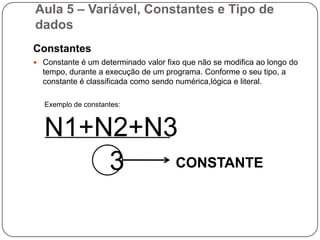 Aula 5 – Variável, Constantes e Tipo de dadosVariáveis e constantes são os elementos básicos que um programa manipula. Uma variável é um espaço reservado na memória do computador para armazenar um tipo de dado determinado. Podem ser comparadas a uma célula do excel.Variáveis devem receber nomes para poderem ser referenciadas e modificadas quando necessário. Um programa deve conter declarações que especificam de que tipo são as variáveis que ele utilizará e as vezes um valor inicial. 	Tipos podem ser por exemplo: inteiros, reais,caracteres, etc. As expressões combinam variáveis e constantes para calcular novos valores.
