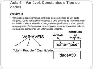 Aula 5 – Variável, Constantes e Tipo de dadosConstantesConstante é um determinado valor fixo que não se modifica ao longo do tempo, durante a execução de um programa. Conforme o seu tipo, a constante é classificada como sendo numérica,lógica e literal.Exemplo de constantes:N1+N2+N3		      3CONSTANTE