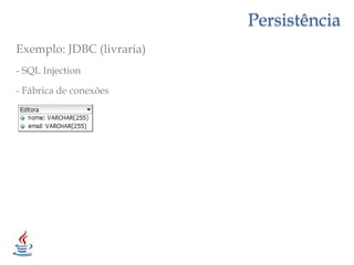 PersistênciaExemplo: JDBC (livraria)- SQL Injection- Fábrica de conexões