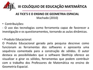 III COLÓQUIO DE EDUCAÇÃO MATEMÁTICAAS TICE’S E O ENSINO DE INTRODUÇÃO AO CÁLCULOAlves (2010) Contribuições: