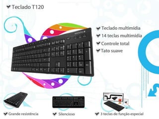 Teclado T120Teclado multimídia14 teclas multimídia Controle totalToque suaveGrande resistência Silencioso 3 teclas de função especial