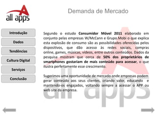 Demanda de Mercado


 Introdução       Segundo o estudo Consumidor Móvel 2011 elaborado em
                   s
                  conjunto pelas empresas W/McCann e Grupo.Mobi o que explica
    Dados         esta explosão de consumo são as possibilidades oferecidas pelos
                  dispositivos, que dão acesso às redes sociais, compras
 Tendências       online, games, músicas, vídeos, entre outros conteúdos. Dados da
                  pesquisa mostram que cerca de 50% dos proprietários de
Cultura Digital   smartphones gostariam de mais conteúdo para acessar, o que
                  ilustra perfeitamente esse crescimento.
   Serviços
                  Sugerimos uma oportunidade de mercado onde empresas podem
  Conclusão       gerar conteúdo aos seus clientes, criando valor, educando e
                  mantendo-os engajados, voltando sempre a acessar o APP ou
                  web site da empresa.
 