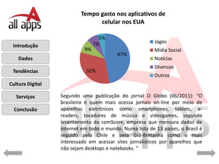 Tempo gasto nos aplicativos de
                                celular nos EUA

                                   5%
                                 7%                       Jogos
 Introdução
                            9%                            Mídia Social
                                          47%
    Dados                                                 Noticias
                                                          Diversao
 Tendências                  32%
                                                          Outros
Cultura Digital

   Serviços       Segundo uma publicação do jornal O Globo (06/2011): “O
                  brasileiro é quem mais acessa jornais on-line por meio de
  Conclusão       aparelhos eletrônicos como smartphones, tablets, e-
                  readers, tocadores de música e videogames, segundo
                  levantamento da comScore, empresa que mensura dados de
                  internet em todo o mundo. Numa lista de 13 países, o Brasil é
                  seguido pelo Chile e pela Grã-Bretanha como o mais
                  interessado em acessar sites jornalísticos por aparelhos que
                  não sejam desktops e notebooks. “
 