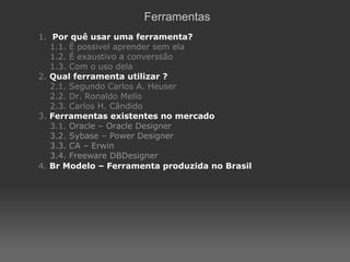 Ferramentas
1. Por quê usar uma ferramenta?
   1.1. É possivel aprender sem ela
   1.2. É exaustivo a converssão
   1.3. Com o uso dela
2. Qual ferramenta utilizar ?
   2.1. Segundo Carlos A. Heuser
   2.2. Dr. Ronaldo Mello
   2.3. Carlos H. Cândido
3. Ferramentas existentes no mercado
   3.1. Oracle – Oracle Designer
   3.2. Sybase – Power Designer
   3.3. CA – Erwin
   3.4. Freeware DBDesigner
4. Br Modelo – Ferramenta produzida no Brasil
 
