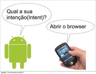Qual a sua
       intenção(Intent)?
                                Abrir o browser




sábado, 15 de outubro de 2011
 