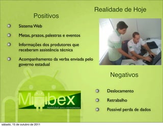 Realidade de Hoje
                       Positivos
            Sistema Web

            Metas, prazos, palestras e eventos

            Informações dos produtores que
            receberam assistência técnica

            Acompanhamento da verba enviada pelo
            governo estadual

                                                        Negativos

                                                       Deslocamento

                                                       Retrabalho

                                                       Possível perda de dados


sábado, 15 de outubro de 2011
 