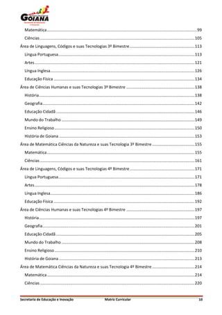 Matemática ...................................................................................................................................... 99
  Ciências .......................................................................................................................................... 105
Área de Linguagens, Códigos e suas Tecnologias 3º Bimestre .......................................................... 113
  Língua Portuguesa.......................................................................................................................... 113
  Artes ............................................................................................................................................... 121
  Língua Inglesa................................................................................................................................. 126
  Educação Física .............................................................................................................................. 134
Área de Ciências Humanas e suas Tecnologias 3º Bimestre ............................................................. 138
  História ........................................................................................................................................... 138
  Geografia........................................................................................................................................ 142
  Educação Cidadã ............................................................................................................................ 146
  Mundo do Trabalho ....................................................................................................................... 149
  Ensino Religioso ............................................................................................................................. 150
  História de Goiana ......................................................................................................................... 153
Área de Matemática Ciências da Natureza e suas Tecnologia 3º Bimestre ...................................... 155
  Matemática .................................................................................................................................... 155
  Ciências .......................................................................................................................................... 161
Área de Linguagens, Códigos e suas Tecnologias 4º Bimestre .......................................................... 171
  Língua Portuguesa.......................................................................................................................... 171
  Artes ............................................................................................................................................... 178
  Língua Inglesa................................................................................................................................. 186
  Educação Física .............................................................................................................................. 192
Área de Ciências Humanas e suas Tecnologias 4º Bimestre ............................................................. 197
  História ........................................................................................................................................... 197
  Geografia........................................................................................................................................ 201
  Educação Cidadã ............................................................................................................................ 205
  Mundo do Trabalho ....................................................................................................................... 208
  Ensino Religioso ............................................................................................................................. 210
  História de Goiana ......................................................................................................................... 213
Área de Matemática Ciências da Natureza e suas Tecnologia 4º Bimestre ...................................... 214
  Matemática .................................................................................................................................... 214
  Ciências .......................................................................................................................................... 220


Secretaria de Educação e Inovação                                      Matriz Curricular                                                                10
 