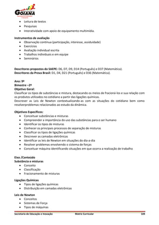    Leitura de textos
       Pesquisas
       Interatividade com apoio de equipamento multimídia.

Instrumentos de avaliação
     Observação contínua (participação, interesse, assiduidade)
     Exercícios
     Avaliação individual escrita
     Trabalhos individuais e em equipe
     Seminários


Descritores propostos do SAEPE: D6, D7, D9, D14 (Português) e D37 (Matemática).
Descritores da Prova Brasil: D1, D4, D21 (Português) e D36 (Matemática).

Ano: 9º
Bimestre –2º
Objetivo Geral:
Classificar os tipos de substâncias e mistura, destacando os meios de fracioná-los e sua relação com
os produtos utilizados no cotidiano a partir das ligações químicas.
Descrever as Leis de Newton contextualizando-as com as situações do cotidiano bem como
resolverproblemas relacionados ao estudo da dinâmica.

Objetivos Específicos:
    Conceituar substâncias e misturas
    Compreender a importância do uso das substâncias para o ser humano
    Identificar os tipos de misturas
    Conhecer os principais processos de separação de misturas
    Classificar os tipos de ligações químicas
    Descrever as camadas eletrônicas
    Identificar as leis de Newton em situações do dia-a-dia
    Resolver problemas envolvendo o sistema de forças
    Conceituar máquina identificando situações em que ocorra a realização de trabalho

Eixo /Conteúdo
Substância e misturas
     Conceito
     Classificação
     Fracionamento de misturas

Ligações Químicas
     Tipos de ligações químicas
     Distribuição em camadas eletrônicas

Leis de Newton
     Conceitos
     Sistemas de Força
     Tipos de máquinas

Secretaria de Educação e Inovação             Matriz Curricular                                  109
 