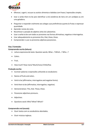    Oferecer, sugerir, recusar ou aceitar alimentos e bebidas com frases / expressões simples.

       Usar o verbo there to be para identificar a (in) existência de itens em um cardápio ou em
        uma geladeira.

       Perguntar e responder oralmente aos colegas suas preferências quanto às frutas e expressar
        quantidade.
       Aprender nomes de cores.
       Reconhecer a posição do adjetivo antes do substantivo.
       Usar o verbo to be com todos os pronomes nas formas afirmativas, negativa e interrogativa.
       Usar adequadamente os pronomes this, that, these, those.
       Compreender e usar os pronomes adjetivos possessivos.


Eixo / Conteúdo:
Compreensão escrita (leitura):
     Leitura expressiva de texto- Question words; What...? Which...? Who...?

       Colors.

       Fruit,

       How much? How many? Much/many X little/few.

Produção escrita:
     Escrever palavras e expressões utilizando os vocabulares:

       Names of fruits and colors.

       Verb to be (affirmative, interrogative and negative forms).

       Verb there to be (affirmative, interrogative, negative).

       Demonstratives: This, that. Those, these.

       Possessive adjectives pronouns.

       Adjectives.

       Questions word: Who? What? Which?


Compreensão oral (escuta):
    Ouvir textos com os vocabulários abordados.

       Ouvir músicas inglesas.



Secretaria de Educação e Inovação               Matriz Curricular                                127
 