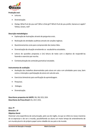 Produção oral:
     Leituras.

       Dramatização.

       Dialog: What fruit do you eat? Who is that girl? Which fruit do you prefer; banana or apple?
        Yellow, Green, red?


Descrição metodológica:
    Exploração de ilustrações através de perguntas orais.

       Realização de atividades auditivas através de canções inglesas.

       Questionamentos orais para compreensão dos textos lidos.

       Dramatização de situação envolvendo os vocabulários estudados.

       Leitura de questões propostas e (re) leitura de texto com o objetivo de respondê-las
        fazendo o exercício por escrito.

       Contextualização do conteúdo gramatical estudado.


Instrumentos de avaliação:
     Avaliação dos trabalhos desenvolvidos pelo aluno em sala e em atividades para casa, bem
       como a interação e participação do aluno em sala de aula.

       Exercícios bimestrais para verificação da aprendizagem.

       Pesquisas.

        Diálogos.

       Dramatização.


Descritores propostos do SAEPE: D6, D8, D23, D24.
Descritores da Prova Brasil: D1, D17, D19,



Ano: 7º
Bimestre: 3º
Objetivo Geral:
Vivenciar uma experiência de comunicação, pelo uso do inglês, no que se refere às novas maneiras
de se expressar e de ver o mundo, possibilitando ao aluno um maior tempo de entendimento de
um mundo plural e do próprio papel como cidadão de seu país e do mundo.

Secretaria de Educação e Inovação             Matriz Curricular                                  128
 
