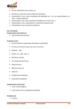    Formar substantivos com o sufixo- ity.

       Identificar o sufixo-ity como formador de substantivo.
       Compreender e usar o grau comparativo de igualdade (as... as) e de superioridade (-er /
        more... than) de adjetivos.
       Compreender e usar o grau superlativo de adjetivo (-est / the most...).
       Compreender e usar o comparativo e o superlativo de good e bad.
       Compreender e usar os pronomes reflexivos.


Eixo / Conteúdo:
Compreensão escrita (leitura):
     Leitura expressiva de textos.


Produção escrita:
    Escrever palavras e expressões utilizando os vocabulários:

       So / too; so much / so many; too much / too many.

       Question – tags.

       Sufixos –ive; -able; -ible; -al.

       More/less; enough.

       The simple past (all forms).

       Going to future.

       Reflexive pronouns.

       Sufixo-ity.

       Comparativo de adjetivos.

       Superlativo de adjetivos.


Compreensão oral (escuta);
    Ouvir músicas Inglesas.

        Ouvir textos com os vocabulários abordados.


Produção oral
     Leituras.


Secretaria de Educação e Inovação                Matriz Curricular                          131
 