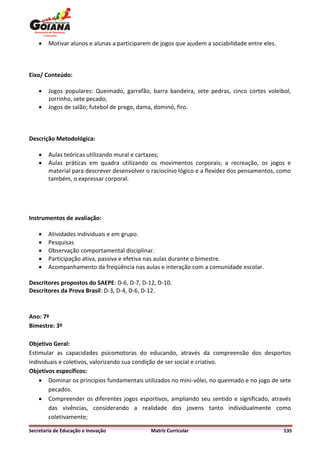    Motivar alunos e alunas a participarem de jogos que ajudem a sociabilidade entre eles.



Eixo/ Conteúdo:

       Jogos populares: Queimado, garrafão, barra bandeira, sete pedras, cinco cortes voleibol,
        zorrinho, sete pecado;
       Jogos de salão; futebol de prego, dama, dominó, firo.



Descrição Metodológica:

       Aulas teóricas utilizando mural e cartazes;
       Aulas práticas em quadra utilizando os movimentos corporais; a recreação, os jogos e
        material para descrever desenvolver o raciocínio lógico e a flexidez dos pensamentos, como
        também, o expressar corporal.




Instrumentos de avaliação:

       Atividades individuais e em grupo.
       Pesquisas
       Observação comportamental disciplinar.
       Participação ativa, passiva e efetiva nas aulas durante o bimestre.
       Acompanhamento da freqüência nas aulas e interação com a comunidade escolar.

Descritores propostos do SAEPE: D-6, D-7, D-12, D-10.
Descritores da Prova Brasil: D-3, D-4, D-6, D-12.



Ano: 7º
Bimestre: 3º

Objetivo Geral:
Estimular as capacidades psicomotoras do educando, através da compreensão dos desportos
individuais e coletivos, valorizando sua condição de ser social e criativo.
Objetivos específicos:
     Dominar os princípios fundamentais utilizados no mini-vôlei, no queimado e no jogo de sete
        pecados.
     Compreender os diferentes jogos esportivos, ampliando seu sentido e significado, através
        das vivências, considerando a realidade dos jovens tanto individualmente como
        coletivamente;

Secretaria de Educação e Inovação             Matriz Curricular                                  135
 