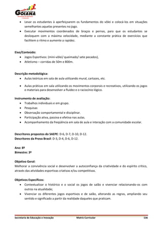    Levar os estudantes à aperfeiçoarem os fundamentos do vôlei e colocá-los em situações
        semelhantes aquelas presentes no jogo.
       Executar movimentos coordenados de braços e pernas, para que os estudantes se
        desloquem com a máxima velocidade, mediante a constante prática de exercícios que
        facilitem o ritmo e aumente a rapidez.


Eixo/Conteúdo:
     Jogos Esportivos: (mini-vôlei/ queimado/ sete pecados),
     Atletismo – corridas de 50m e 800m.


Descrição metodológica:
    Aulas teóricas em sala de aula utilizando mural, cartazes, etc.

       Aulas práticas em sala utilizando os movimentos corporais e recreativos, utilizando os jogos
        e materiais para desenvolver a fluidez e o raciocínio lógico.

Instrumento de avaliação:
     Trabalhos individuais e em grupo.
     Pesquisas
     Observação comportamental e disciplinar.
     Participação ativa, passiva e efetiva nas aulas.
     Acompanhamento da freqüência em sala de aula e interação com a comunidade escolar.


Descritores propostos do SAEPE: D-6, D-7, D-10, D-12.
Descritores da Prova Brasil: D-3, D-4, D-6, D-12.

Ano: 8º
Bimestre: 3º

Objetivo Geral:
Melhorar a convivência social e desenvolver a autoconfiança da criatividade e do espírito crítico,
através das atividades esportivas criativas e/ou competitivas.

Objetivos Específicos:
    Contextualizar o histórico e o social os jogos de salão e vivenciar relacionando-os com
       outros na atualidade;
    Vivenciar os diferentes jogos esportivos e de salão, alterando as regras, ampliando seu
       sentido e significado a partir da realidade daqueles que praticam.




Secretaria de Educação e Inovação             Matriz Curricular                                  136
 