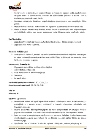    Compreender os conceitos, as características e as regras dos jogos de salão, estabelecendo
        relações entre o conhecimento oriundo da comunidade próxima a escola, com o
        conhecimento sistemático na escola.
       Conseguir a integração dos alunos através dos jogos e aumentar as suas capacidades físicas
        gerais.
       Motivar alunos e alunas a participarem dos jogos que ajudem a sociabilidade entre eles.
       Iniciar os alunos na prática do voleibol, dando ênfase na preparação para a aprendizagem
        das habilidades básicas para passar, recepcionar, cortar, bloquear, sacar e defender a bola.


Eixo/ Conteúdo:
     Jogos Esportivos: Voleibol (histórico, fundamentos técnicos – táticos e regras básicas)
     Jogos de Salão: Dama e Dominó.


Descrição metodológica:
    Aulas práticas e teóricas, em sala e quadra utilizando os movimentos corporais, a recreação,
       os jogos e materiais para desenvolver o raciocínio lógico e fluidez de pensamento, como
       também o expressar corporal.

Instrumentos de avaliação:
     Observação sistemática, contínua e investigativa
     Assiduidade e participação
     Nível de socialização do aluno ao grupo
     Trabalhos
     Provas Práticas.

Descritores propostos do SAEPE: D6, D7, D10, D12.
Descritores da Prova Brasil: D3, D4, D6, D12.

Ano: 9º
Bimestre: 3º

Objetivos Específicos:
    Desenvolver através dos jogos esportivos e de salão a convivência social, a autoconfiança, a
       criatividade e o espírito crítico, enfatizando o trabalho sistemático subsidiado pela
       linguagem corporal.
    Levar o estudante a desempenhar jogadas de maior complexidade, em situações reais de
       jogo de mini-handebol, utilizando os sistemas básicos empregado no ataque e na defesa.
    Fazer com que os estudantes se aperfeiçoem no manuseio da bola e dos fundamentos do
       mini-basquetebol, para que evoluam na sua técnica e possam aplicar táticas de ataque
       durante o jogo.
    Aprofundar com as crianças a prática dos jogos de salão (Dama, Dominó, Ping Pong, etc...).

Secretaria de Educação e Inovação             Matriz Curricular                                  137
 
