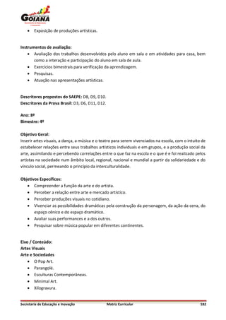    Exposição de produções artísticas.


Instrumentos de avaliação:
     Avaliação dos trabalhos desenvolvidos pelo aluno em sala e em atividades para casa, bem
       como a interação e participação do aluno em sala de aula.
     Exercícios bimestrais para verificação da aprendizagem.
     Pesquisas.
     Atuação nas apresentações artísticas.


Descritores propostos do SAEPE: D8, D9, D10.
Descritores da Prova Brasil: D3, D6, D11, D12.

Ano: 8º
Bimestre: 4º

Objetivo Geral:
Inserir artes visuais, a dança, a música e o teatro para serem vivenciados na escola, com o intuito de
estabelecer relações entre seus trabalhos artísticos individuais e em grupos, e a produção social da
arte, assimilando e percebendo correlações entre o que faz na escola e o que é e foi realizado pelos
artistas na sociedade num âmbito local, regional, nacional e mundial a partir da solidariedade e do
vínculo social, permeando o princípio da interculturalidade.

Objetivos Específicos:
    Compreender a função da arte e do artista.
    Perceber a relação entre arte e mercado artístico.
    Perceber produções visuais no cotidiano.
    Vivenciar as possibilidades dramáticas pela construção da personagem, da ação da cena, do
       espaço cênico e do espaço dramático.
    Avaliar suas performances e a dos outros.
    Pesquisar sobre música popular em diferentes continentes.


Eixo / Conteúdo:
Artes Visuais
Arte e Sociedades
     O Pop Art.
     Parangolé.
     Esculturas Contemporâneas.
     Minimal Art.
     Xilogravura.


Secretaria de Educação e Inovação                Matriz Curricular                                 182
 