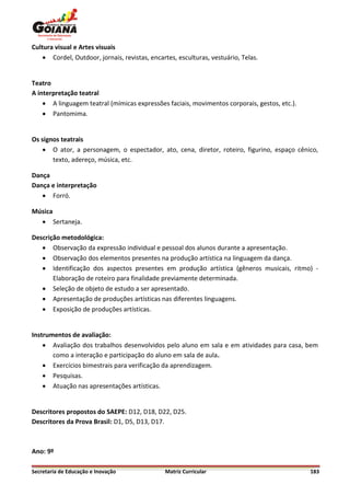 Cultura visual e Artes visuais
     Cordel, Outdoor, jornais, revistas, encartes, esculturas, vestuário, Telas.


Teatro
A interpretação teatral
     A linguagem teatral (mímicas expressões faciais, movimentos corporais, gestos, etc.).
     Pantomima.


Os signos teatrais
    O ator, a personagem, o espectador, ato, cena, diretor, roteiro, figurino, espaço cênico,
       texto, adereço, música, etc.

Dança
Dança e interpretação
    Forró.

Música
   Sertaneja.

Descrição metodológica:
    Observação da expressão individual e pessoal dos alunos durante a apresentação.
    Observação dos elementos presentes na produção artística na linguagem da dança.
    Identificação dos aspectos presentes em produção artística (gêneros musicais, ritmo) -
       Elaboração de roteiro para finalidade previamente determinada.
    Seleção de objeto de estudo a ser apresentado.
    Apresentação de produções artísticas nas diferentes linguagens.
    Exposição de produções artísticas.


Instrumentos de avaliação:
     Avaliação dos trabalhos desenvolvidos pelo aluno em sala e em atividades para casa, bem
       como a interação e participação do aluno em sala de aula.
     Exercícios bimestrais para verificação da aprendizagem.
     Pesquisas.
     Atuação nas apresentações artísticas.


Descritores propostos do SAEPE: D12, D18, D22, D25.
Descritores da Prova Brasil: D1, D5, D13, D17.



Ano: 9º

Secretaria de Educação e Inovação              Matriz Curricular                              183
 