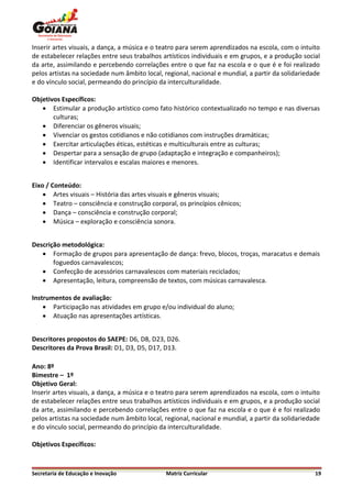 Inserir artes visuais, a dança, a música e o teatro para serem aprendizados na escola, com o intuito
de estabelecer relações entre seus trabalhos artísticos individuais e em grupos, e a produção social
da arte, assimilando e percebendo correlações entre o que faz na escola e o que é e foi realizado
pelos artistas na sociedade num âmbito local, regional, nacional e mundial, a partir da solidariedade
e do vínculo social, permeando do princípio da interculturalidade.

Objetivos Específicos:
    Estimular a produção artístico como fato histórico contextualizado no tempo e nas diversas
       culturas;
    Diferenciar os gêneros visuais;
    Vivenciar os gestos cotidianos e não cotidianos com instruções dramáticas;
    Exercitar articulações éticas, estéticas e multiculturais entre as culturas;
    Despertar para a sensação de grupo (adaptação e integração e companheiros);
    Identificar intervalos e escalas maiores e menores.


Eixo / Conteúdo:
     Artes visuais – História das artes visuais e gêneros visuais;
     Teatro – consciência e construção corporal, os princípios cênicos;
     Dança – consciência e construção corporal;
     Música – exploração e consciência sonora.


Descrição metodológica:
    Formação de grupos para apresentação de dança: frevo, blocos, troças, maracatus e demais
       foguedos carnavalescos;
    Confecção de acessórios carnavalescos com materiais reciclados;
    Apresentação, leitura, compreensão de textos, com músicas carnavalesca.

Instrumentos de avaliação:
     Participação nas atividades em grupo e/ou individual do aluno;
     Atuação nas apresentações artísticas.


Descritores propostos do SAEPE: D6, D8, D23, D26.
Descritores da Prova Brasil: D1, D3, D5, D17, D13.

Ano: 8º
Bimestre – 1º
Objetivo Geral:
Inserir artes visuais, a dança, a música e o teatro para serem aprendizados na escola, com o intuito
de estabelecer relações entre seus trabalhos artísticos individuais e em grupos, e a produção social
da arte, assimilando e percebendo correlações entre o que faz na escola e o que é e foi realizado
pelos artistas na sociedade num âmbito local, regional, nacional e mundial, a partir da solidariedade
e do vínculo social, permeando do princípio da interculturalidade.

Objetivos Específicos:



Secretaria de Educação e Inovação              Matriz Curricular                                   19
 