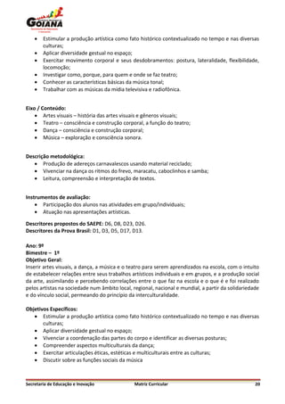    Estimular a produção artística como fato histórico contextualizado no tempo e nas diversas
        culturas;
       Aplicar diversidade gestual no espaço;
       Exercitar movimento corporal e seus desdobramentos: postura, lateralidade, flexibilidade,
        locomoção;
       Investigar como, porque, para quem e onde se faz teatro;
       Conhecer as características básicas da música tonal;
       Trabalhar com as músicas da mídia televisiva e radiofônica.


Eixo / Conteúdo:
     Artes visuais – história das artes visuais e gêneros visuais;
     Teatro – consciência e construção corporal, a função do teatro;
     Dança – consciência e construção corporal;
     Música – exploração e consciência sonora.


Descrição metodológica:
    Produção de adereços carnavalescos usando material reciclado;
    Vivenciar na dança os ritmos do frevo, maracatu, caboclinhos e samba;
    Leitura, compreensão e interpretação de textos.


Instrumentos de avaliação:
     Participação dos alunos nas atividades em grupo/individuais;
     Atuação nas apresentações artísticas.

Descritores propostos do SAEPE: D6, D8, D23, D26.
Descritores da Prova Brasil: D1, D3, D5, D17, D13.

Ano: 9º
Bimestre – 1º
Objetivo Geral:
Inserir artes visuais, a dança, a música e o teatro para serem aprendizados na escola, com o intuito
de estabelecer relações entre seus trabalhos artísticos individuais e em grupos, e a produção social
da arte, assimilando e percebendo correlações entre o que faz na escola e o que é e foi realizado
pelos artistas na sociedade num âmbito local, regional, nacional e mundial, a partir da solidariedade
e do vínculo social, permeando do princípio da interculturalidade.

Objetivos Específicos:
    Estimular a produção artística como fato histórico contextualizado no tempo e nas diversas
       culturas;
    Aplicar diversidade gestual no espaço;
    Vivenciar a coordenação das partes do corpo e identificar as diversas posturas;
    Compreender aspectos multiculturais da dança;
    Exercitar articulações éticas, estéticas e multiculturais entre as culturas;
    Discutir sobre as funções sociais da música



Secretaria de Educação e Inovação              Matriz Curricular                                   20
 