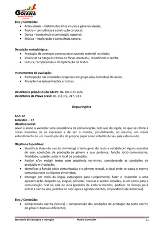 Eixo / Conteúdo:
     Artes visuais – história das artes visuais e gêneros visuais;
     Teatro – consciência e construção corporal;
     Dança – consciência e construção corporal;
     Música – exploração e consciência sonora.


Descrição metodológica:
    Produção de adereços carnavalescos usando material reciclado;
    Vivenciar na dança os ritmos do frevo, maracatu, caboclinhos e samba;
    Leitura, compreensão e interpretação de textos.


Instrumentos de avaliação:
     Participação nas atividades propostas em grupo e/ou individual do aluno;
     Atuação nas apresentações artísticas.


Descritores propostos do SAEPE: D6, D8, D23, D26.
Descritores da Prova Brasil: D1, D3, D5, D17, D13.


                                            Língua Inglesa

Ano: 6º
Bimestre – 1º
Objetivo Geral:
Levar o aluno a vivenciar uma experiência de comunicação, pelo uso do inglês, no que se refere à
novas maneiras de se expressar e de ver o mundo, possibilitando, ao mesmo, um maior
entendimento de um mundo plural e do próprio papel como cidadão de seu país e do mundo.

Objetivos Específicos:
    Identificar (fazendo uso do skimming) o tema geral do texto e estabelecer alguns aspectos
       de suas condições de produção (o gênero a que pertence, função sócio-comunicativa,
       finalidade, suporte, autor e local de produção);
    Avaliar e/ou redigir textos com sequência narrativas, considerando as condições de
       produção e circulação;
    Identificar a função sócio-comunicativa e o gênero textual, o local onde se passa o evento
       comunicativo e os falantes envolvidos;
    Interagir por meio da língua estrangeira para cumprimento, fazer e responder a uma
       apresentação, despedir-se, elogiar, convidar, recusar e aceitar convites, assim como para a
       comunicação oral na sala de aula (pedidos de esclarecimentos, pedidos de licença para
       entrar e sair da sala, pedidos de desculpas e agradecimentos, empréstimos de materiais).


Eixo / Conteúdo:
     Compreensão escrita (leitura) – compreensão das condições de produção do texto escrito
        de gêneros textuais diferentes;


Secretaria de Educação e Inovação               Matriz Curricular                               21
 
