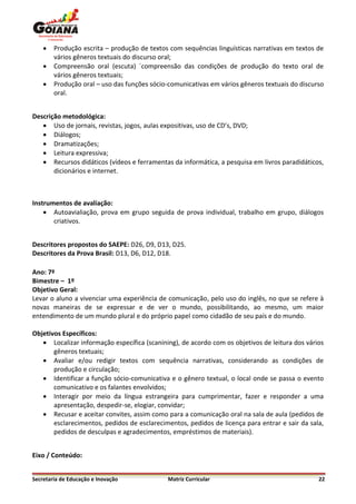    Produção escrita – produção de textos com sequências linguísticas narrativas em textos de
        vários gêneros textuais do discurso oral;
       Compreensão oral (escuta) ´compreensão das condições de produção do texto oral de
        vários gêneros textuais;
       Produção oral – uso das funções sócio-comunicativas em vários gêneros textuais do discurso
        oral.


Descrição metodológica:
    Uso de jornais, revistas, jogos, aulas expositivas, uso de CD’s, DVD;
    Diálogos;
    Dramatizações;
    Leitura expressiva;
    Recursos didáticos (vídeos e ferramentas da informática, a pesquisa em livros paradidáticos,
       dicionários e internet.



Instrumentos de avaliação:
     Autoavialiação, prova em grupo seguida de prova individual, trabalho em grupo, diálogos
       criativos.


Descritores propostos do SAEPE: D26, D9, D13, D25.
Descritores da Prova Brasil: D13, D6, D12, D18.

Ano: 7º
Bimestre – 1º
Objetivo Geral:
Levar o aluno a vivenciar uma experiência de comunicação, pelo uso do inglês, no que se refere à
novas maneiras de se expressar e de ver o mundo, possibilitando, ao mesmo, um maior
entendimento de um mundo plural e do próprio papel como cidadão de seu país e do mundo.

Objetivos Específicos:
    Localizar informação específica (scanining), de acordo com os objetivos de leitura dos vários
       gêneros textuais;
    Avaliar e/ou redigir textos com sequência narrativas, considerando as condições de
       produção e circulação;
    Identificar a função sócio-comunicativa e o gênero textual, o local onde se passa o evento
       comunicativo e os falantes envolvidos;
    Interagir por meio da língua estrangeira para cumprimentar, fazer e responder a uma
       apresentação, despedir-se, elogiar, convidar;
    Recusar e aceitar convites, assim como para a comunicação oral na sala de aula (pedidos de
       esclarecimentos, pedidos de esclarecimentos, pedidos de licença para entrar e sair da sala,
       pedidos de desculpas e agradecimentos, empréstimos de materiais).


Eixo / Conteúdo:


Secretaria de Educação e Inovação             Matriz Curricular                                 22
 