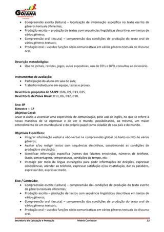    Compreensão escrita (leitura) – localização de informação específica no texto escrito de
        gêneros textuais diferentes;
       Produção escrita – produção de textos com sequências lingüísticas descritivas em textos de
        vários gêneros;
       Compreensão oral (escuta) – compreensão das condições de produção do texto oral de
        vários gêneros textuais;
       Produção oral – uso das funções sócio-comunicativas em vários gêneros textuais do discurso
        oral.


Descrição metodológica:
    Uso de jornais, revistas, jogos, aulas expositivas, uso de CD’s e DVD, consultas ao dicionário.


Instrumentos de avaliação:
     Participação do aluno em sala de aula;
     Trabalho individual e em equipe, testes e provas.

Descritores propostos do SAEPE: D26, D9, D13, D25.
Descritores da Prova Brasil: D13, D6, D12, D18.

Ano: 8º
Bimestre – 1º
Objetivo Geral:
Levar o aluno a vivenciar uma experiência de comunicação, pelo uso do inglês, no que se refere à
novas maneiras de se expressar e de ver o mundo, possibilitando, ao mesmo, um maior
entendimento de um mundo plural e do próprio papel como cidadão de seu país e do mundo.

Objetivos Específicos:
    Integrar informação verbal e não-verbal na compreensão global do texto escrito de vários
       gêneros;
    Avaliar e/ou redigir textos com sequências descritivas, considerando as condições de
       produção e circulação;
    Identificar informação específica (nomes dos falantes envolvidos, números de telefone,
       idade, percentagens, temperaturas, condições do tempo, etc;
    Interagir por meio da língua estrangeira para pedir informações de direções, expressar
       condolências, atender ao telefone, expressar satisfação e/ou insatisfação, dar os parabéns,
       expressar dor, expressar medo.


Eixo / Conteúdo:
     Compreensão escrita (Leitura) – compreensão das condições de produção do texto escrito
        de gêneros textuais diferentes;
     Produção escrita – produção de textos com sequência lingüísticas descritivas em textos de
        vários gêneros;
     Compreensão oral (escuta) – compreensão das condições de produção do texto oral de
        vários gêneros textuais;
     Produção oral – uso das funções sócio-comunicativas em vários gêneros textuais do discurso
        oral.

Secretaria de Educação e Inovação             Matriz Curricular                                    23
 