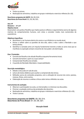    Testes ou provas;
       Realização de seminários, trabalhos em grupo e individuais e exercício reflexivo (0 a 10).

Descritores propostos do SAEPE: D6, D9, D14.
Descritores da Prova Brasil: D1, D3, D6, D21.

Ano: 9º
Bimestre – 1º e 2º
Objetivo Geral:
Desenvolver uma prática filosófica que implica postura reflexiva e argumentativa acerca de algumas
matrizes do comportamentos humano, com vistas a conceber modos mais esclarecidos de
coexistência.

Objetivos Específicos:
    Reconhecer o ser humano dentro do cosmo e sua influência no mundo atual;
    Pensar e refletir sobre as questões do dia-a-dia, sobre a vida e sobre a liberdade a que
       temos direito;
    Identificar a vontade como um impulso fundamental inerente a todos os seres vivos que se
       manifesta na aspiração sempre crescente de mais poder a de dominação.


Eixo / Conteúdo:
     Conceito de filosofia e de atitude filosófica enquanto ferramenta inicial;
     Conceito de homem: quem ou o que somos?
     Compreensão filosófica da vontade;
     A questão da liberdade (liberdade e responsabilidade).


Descrição metodológica:
    Debate e discussão em sala de aula;
    Leitura de textos didáticos para auxiliar a compreensão dos temas;
    Reflexões acerca de conteúdos propostos, com a utilização de recursos tais como: poesias,
       músicas, filmes, entre outros;
    Elaboração de resumos e análises críticas sobre temas refletidos nas aulas.


Instrumentos de avaliação:
     Observar a participação nas aulas, as intervenções e o interesse nas discussões;
     Priorizar a avaliação continua das produções dos docentes;
     Realização de seminários, trabalhos em grupo e individuais e exercícios reflexivos (0 a 10);
     Testes e provas.


Descritores propostos do SAEPE: D6, D9, D14.
Descritores da Prova Brasil: D1, D3, D6, D21.


                                          Educação Cidadã


Secretaria de Educação e Inovação               Matriz Curricular                                    39
 