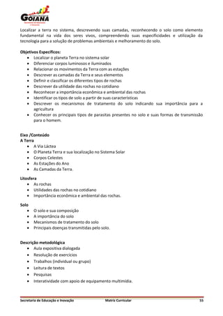 Localizar a terra no sistema, descrevendo suas camadas, reconhecendo o solo como elemento
fundamental na vida dos seres vivos, compreendendo suas especificidades e utilização da
tecnologia para a solução de problemas ambientais e melhoramento do solo.

Objetivos Específicos:
    Localizar o planeta Terra no sistema solar
    Diferenciar corpos luminosos e iluminados
    Relacionar os movimentos da Terra com as estações
    Descrever as camadas da Terra e seus elementos
    Definir e classificar os diferentes tipos de rochas
    Descrever da utilidade das rochas no cotidiano
    Reconhecer a importância econômica e ambiental das rochas
    Identificar os tipos de solo a partir de suas características
    Descrever os mecanismos de tratamento do solo indicando sua importância para a
       agricultura
    Conhecer os principais tipos de parasitas presentes no solo e suas formas de transmissão
       para o homem.


Eixo /Conteúdo
A Terra
     A Via Láctea
     O Planeta Terra e sua localização no Sistema Solar
     Corpos Celestes
     As Estações do Ano
     As Camadas da Terra.

Litosfera
     As rochas
     Utilidades das rochas no cotidiano
     Importância econômica e ambiental das rochas.

Solo
       O solo e sua composição
       A importância do solo
       Mecanismos de tratamento do solo
       Principais doenças transmitidas pelo solo.


Descrição metodológica
    Aula expositiva dialogada
    Resolução de exercícios
    Trabalhos (individual ou grupo)
    Leitura de textos
    Pesquisas
    Interatividade com apoio de equipamento multimídia.



Secretaria de Educação e Inovação              Matriz Curricular                           55
 