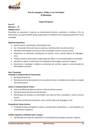 Área de Linguagens, Códigos e suas Tecnologias
                                            2º Bimestre


                                          Língua Portuguesa
Ano: 6º
Bimestre – 2º
Objetivo Geral:
Possibilitar ao educando o ingresso ao conhecimento literário, semântico e sintático a fim de
desenvolver sua expressividade verbal, preparando-o à cidadania como expoente positivo em nossa
sociedade.

Objetivos Específicos:
    Recitar poemas, observando o desempenho oral;
    Ler e interpretar letras de músicas e poemas, reconhecendo o seu tema central;
    Identificar informações com base em foto, ilustrações e outros recursos visuais;
    Reconhecer os elementos constituintes do poema: verso, estrofe, figuras de linguagem,
       rima;
    Produzir poemas, observando a organização das idéias e o uso da pontuação e acentuação;
    Identificar e aplicar o substantivo na nomeação de personagens, pessoas e lugares;
    Reconhecer e empregar o adjetivo na descrição de cenários, lugares e caracterização de
       personagens e pessoas.


Eixo / Conteúdo:
Produção e compreensão de Textos Orais:
     Recitação de poemas;
     Monitoramento do desempenho oral, levando em conta a intenção comunicativa e a reação
        dos interlocutores.

Leitura e Compreensão de Textos:
     Leitura de diferentes gêneros textuais: letra de música e poema;
     Reconhecimento do tema central do texto;
     Identificação de sentidos ou informações com base em foto, ilustrações e outros recursos
       visuais;
     Elementos constituintes do poema: verso, estrofe, figuras de linguagem, rima.

Produção de Textos Escritos:
    Produção de textos dos gêneros: poema, considerando o destinatário , a sua finalidade e as
      características do gênero.

Análise Linguística e Reflexão sobre a Língua:
    Identificação da função do substantivo na nomeação de personagens, pessoas e lugares;


Secretaria de Educação e Inovação              Matriz Curricular                             63
 