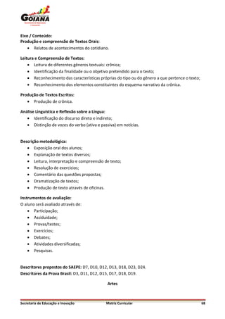 Eixo / Conteúdo:
Produção e compreensão de Textos Orais:
     Relatos de acontecimentos do cotidiano.

Leitura e Compreensão de Textos:
     Leitura de diferentes gêneros textuais: crônica;
     Identificação da finalidade ou o objetivo pretendido para o texto;
     Reconhecimento das características próprias do tipo ou do gênero a que pertence o texto;
     Reconhecimento dos elementos constituintes do esquema narrativo da crônica.

Produção de Textos Escritos:
    Produção de crônica.

Análise Linguística e Reflexão sobre a Língua:
    Identificação do discurso direto e indireto;
    Distinção de vozes do verbo (ativa e passiva) em notícias.


Descrição metodológica:
    Exposição oral dos alunos;
    Explanação de textos diversos;
    Leitura, interpretação e compreensão de texto;
    Resolução de exercícios;
    Comentário das questões propostas;
    Dramatização de textos;
    Produção de texto através de oficinas.

Instrumentos de avaliação:
O aluno será avaliado através de:
     Participação;
     Assiduidade;
     Provas/testes;
     Exercícios;
     Debates;
     Atividades diversificadas;
     Pesquisas.


Descritores propostos do SAEPE: D7, D10, D12, D13, D18, D23, D24.
Descritores da Prova Brasil: D3, D11, D12, D15, D17, D18, D19.

                                              Artes



Secretaria de Educação e Inovação            Matriz Curricular                                   68
 
