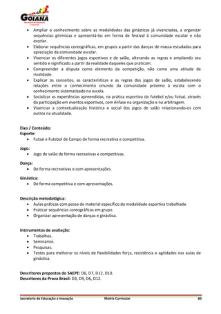    Ampliar o conhecimento sobre as modalidades das ginásticas já vivenciadas, a organizar
        sequências gíminicas e apresentá-las em forma de festival à comunidade escolar e não
        escolar.
       Elaborar sequências coreográficas, em grupos a partir das danças de massa estudadas para
        apreciação da comunidade escolar.
       Vivenciar os diferentes jogos esportivos e de salão, alterando as regras e ampliando seu
        sentido e significado a partir da realidade daqueles que praticam.
       Compreender a disputa como elemento da competição, não como uma atitude de
        rivalidade.
       Explicar os conceitos, as características e as regras dos jogos de salão, estabelecendo
        relações entre o conhecimento oriundo da comunidade próximo à escola com o
        conhecimento sistematizado na escola.
       Socializar as experiências apreendidas, na prática esportiva do futebol e/ou futsal, através
        da participação em eventos esportivos, com ênfase na organização e na arbitragem.
       Vivenciar a contextualização histórica e social dos jogos de salão relacionando-os com
        outros na atualidade.


Eixo / Conteúdo:
Esporte:
     Futsal e Futebol de Campo de forma recreativa e competitiva.

Jogo:
    Jogo de salão de forma recreativas e competitivas.

Dança:
    De forma recreativas e com apresentações.

Ginástica:
    De forma competitiva e com apresentações.


Descrição metodológica:
    Aulas práticas com posse de material específico da modalidade esportiva trabalhada.
    Praticar sequências coreográficas em grupo.
    Organizar apresentação de danças e ginástica.


Instrumentos de avaliação:
     Trabalhos.
     Seminários.
     Pesquisas.
     Testes para melhorar os níveis de flexibilidades força, resistência e agilidades nas aulas de
       ginástica.


Descritores propostos do SAEPE: D6, D7, D12, D10.
Descritores da Prova Brasil: D3, D4, D6, D12.



Secretaria de Educação e Inovação             Matriz Curricular                                   80
 