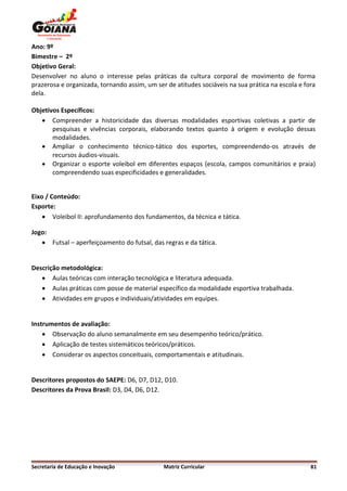 Ano: 9º
Bimestre – 2º
Objetivo Geral:
Desenvolver no aluno o interesse pelas práticas da cultura corporal de movimento de forma
prazerosa e organizada, tornando assim, um ser de atitudes sociáveis na sua prática na escola e fora
dela.

Objetivos Específicos:
    Compreender a historicidade das diversas modalidades esportivas coletivas a partir de
       pesquisas e vivências corporais, elaborando textos quanto à origem e evolução dessas
       modalidades.
    Ampliar o conhecimento técnico-tático dos esportes, compreendendo-os através de
       recursos áudios-visuais.
    Organizar o esporte voleibol em diferentes espaços (escola, campos comunitários e praia)
       compreendendo suas especificidades e generalidades.


Eixo / Conteúdo:
Esporte:
     Voleibol II: aprofundamento dos fundamentos, da técnica e tática.

Jogo:
    Futsal – aperfeiçoamento do futsal, das regras e da tática.


Descrição metodológica:
    Aulas teóricas com interação tecnológica e literatura adequada.
    Aulas práticas com posse de material específico da modalidade esportiva trabalhada.
    Atividades em grupos e individuais/atividades em equipes.


Instrumentos de avaliação:
     Observação do aluno semanalmente em seu desempenho teórico/prático.
     Aplicação de testes sistemáticos teóricos/práticos.
     Considerar os aspectos conceituais, comportamentais e atitudinais.


Descritores propostos do SAEPE: D6, D7, D12, D10.
Descritores da Prova Brasil: D3, D4, D6, D12.




Secretaria de Educação e Inovação             Matriz Curricular                                   81
 