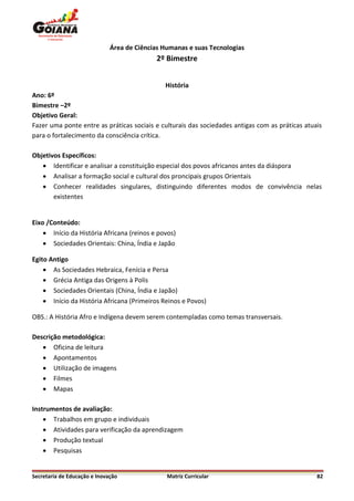 Área de Ciências Humanas e suas Tecnologias
                                            2º Bimestre


                                               História
Ano: 6º
Bimestre –2º
Objetivo Geral:
Fazer uma ponte entre as práticas sociais e culturais das sociedades antigas com as práticas atuais
para o fortalecimento da consciência crítica.

Objetivos Específicos:
    Identificar e analisar a constituição especial dos povos africanos antes da diáspora
    Analisar a formação social e cultural dos proncipais grupos Orientais
    Conhecer realidades singulares, distinguindo diferentes modos de convivência nelas
       existentes


Eixo /Conteúdo:
     Início da História Africana (reinos e povos)
     Sociedades Orientais: China, Índia e Japão

Egito Antigo
     As Sociedades Hebraica, Fenícia e Persa
     Grécia Antiga das Origens à Polis
     Sociedades Orientais (China, Índia e Japão)
     Início da História Africana (Primeiros Reinos e Povos)

OBS.: A História Afro e Indígena devem serem contempladas como temas transversais.

Descrição metodológica:
    Oficina de leitura
    Apontamentos
    Utilização de imagens
    Filmes
    Mapas

Instrumentos de avaliação:
     Trabalhos em grupo e individuais
     Atividades para verificação da aprendizagem
     Produção textual
     Pesquisas


Secretaria de Educação e Inovação               Matriz Curricular                                82
 