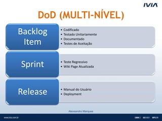 DoD (MULTI-NÍVEL)
Backlog   •
          •
              Codificado
              Testado Unitariamente
          •   Documentado
 Item     •   Testes de Aceitação




Sprint    • Teste Regressivo
          • Wiki Page Atualizada




Release   • Manual do Usuário
          • Deployment



                 Alexsandro Marques
 