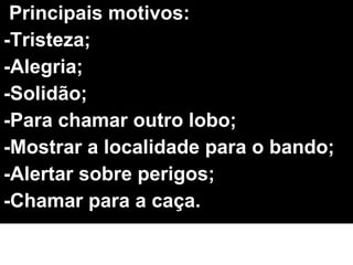 Principais motivos: -Tristeza; -Alegria; -Solidão; -Para chamar outro lobo; -Mostrar a localidade para o bando; -Alertar sobre perigos; -Chamar para a caça. 