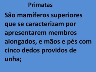 Primatas São mamíferos superiores que se caracterizam por apresentarem membros alongados, e mãos e pés com cinco dedos providos de unha; 